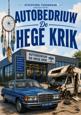 Blue vintage Mercedes parked outside an auto repair shop, with a damaged motorhome beside it; shop sign reads 'Autobedrijf De Hege Krik'.