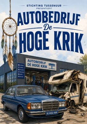 Poster for Autobedrijf De Hoge Krik showing a blue Mercedes sedan in front of a repair shop with a wrecked motorhome beside it and large Dutch text above.